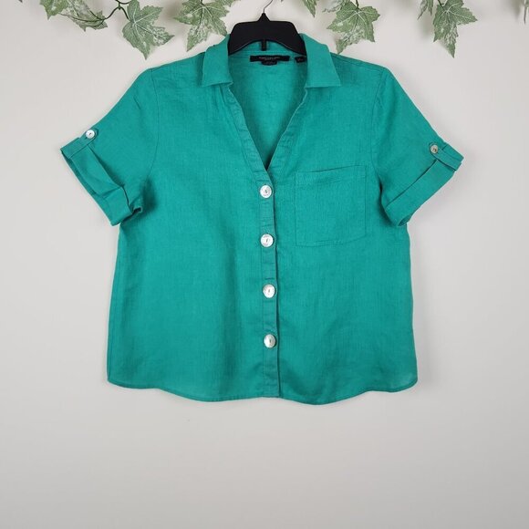 Marc New York Andrew Marc Size M 100% Linen Green Short Sleeve Top Relaxed - Picture 1 of 6